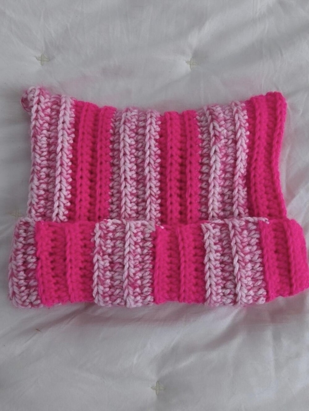 Handmade Pink Striped Crochet Cat Ear Beanie